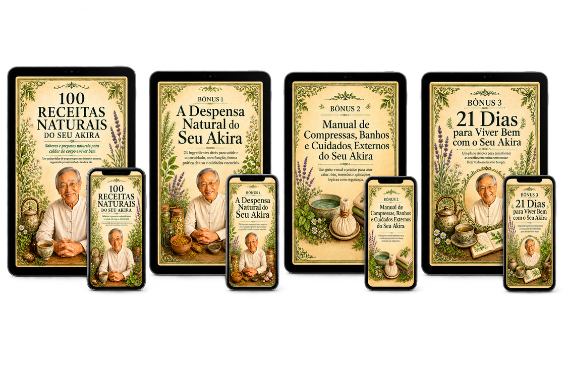 Os 4 livros: 100 Receitas Naturais + 3 bônus do Seu Akira, em tablet e celular