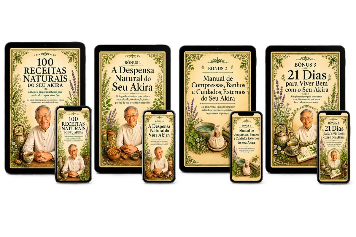 Os 4 livros: 100 Receitas Naturais + 3 bônus do Seu Akira, em tablet e celular